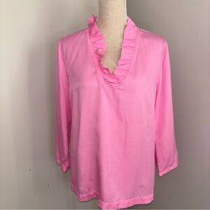 Crown & Ivy bubblegum pink 3/4 sleeve ruffle neck loose fit blouse size Large